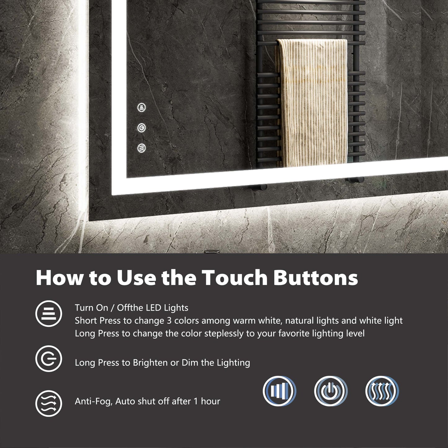 Lily Frameless Rectangle Bathroom Mirror with Adjustable LED Lighting