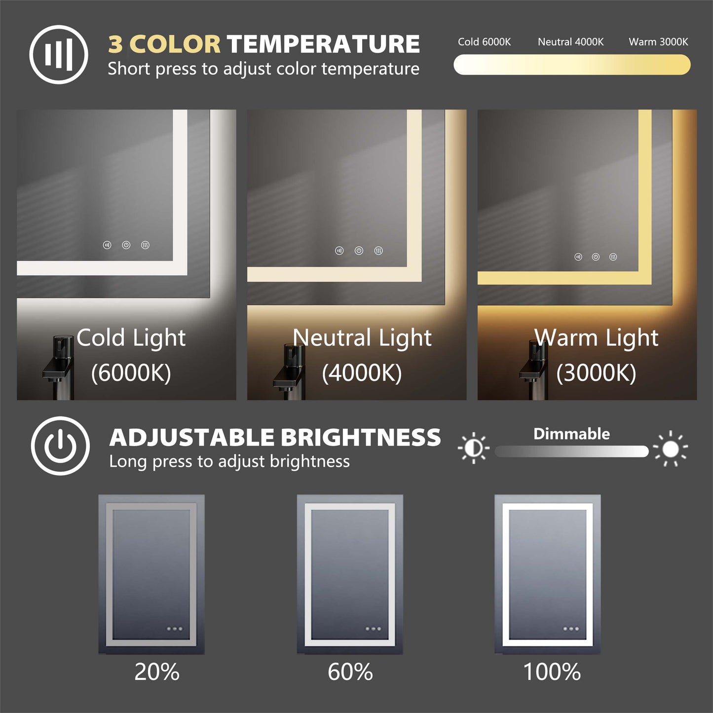 Lily Frameless Rectangle Bathroom Mirror with Adjustable LED Lighting