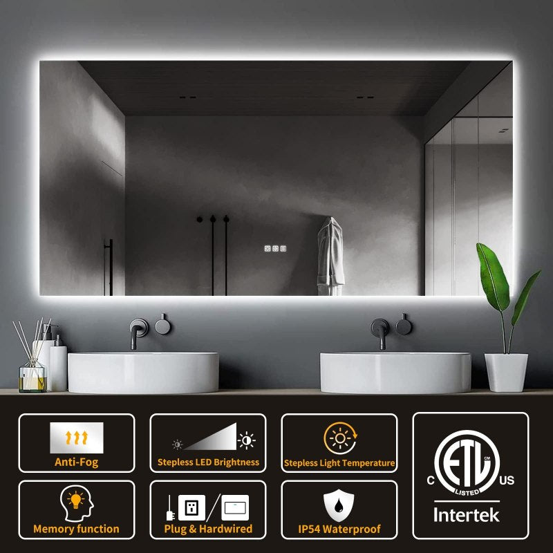 Emma 48×24 Inch LED Frameless Bathroom Mirror